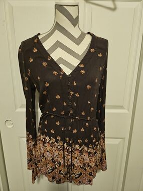 Ecote Brown Long-Sleeve Floral-Print Romper with Drawstring Waist